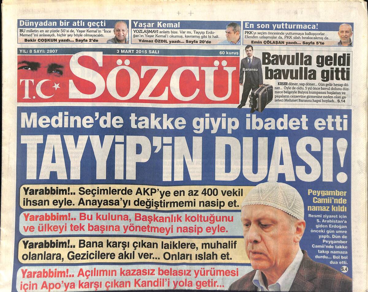Sözcü Gazetesi 3 Mart 2015 - Yaşar Kemal Sonsuzluğa Uğurlandı - Cüneyt Çakır'ı Yıldırım Çarptı GZ154979 - 1