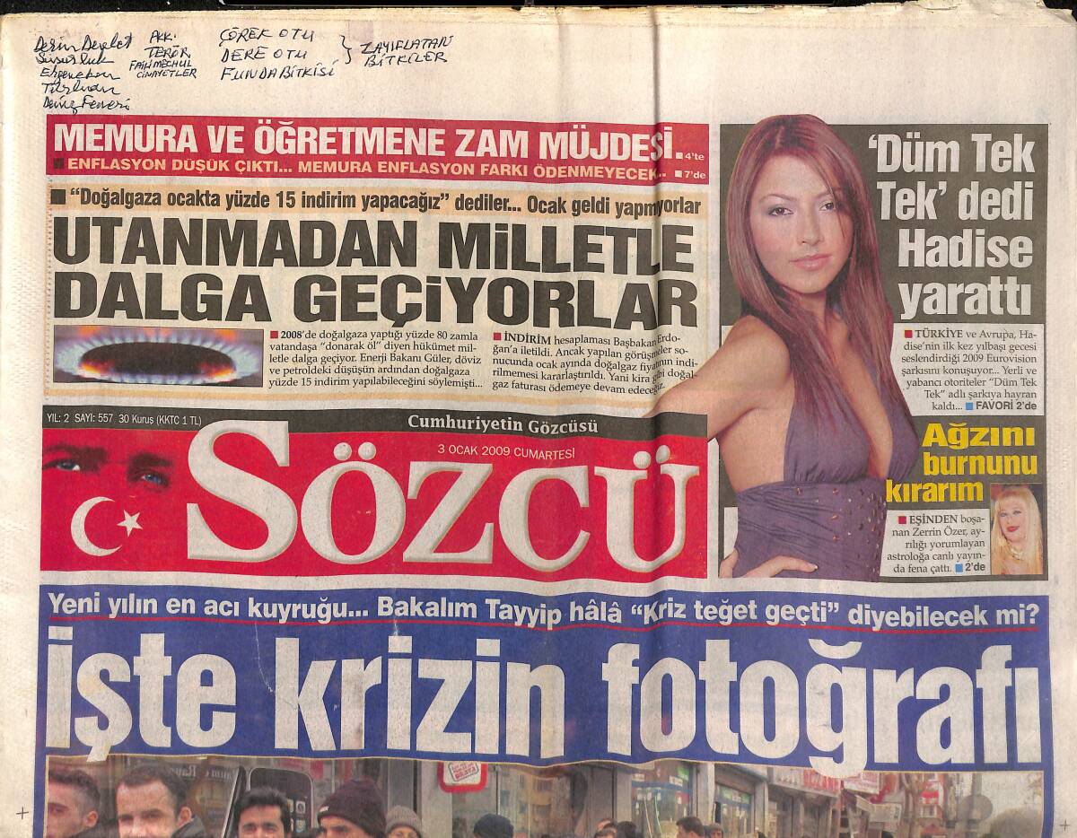 Sözcü Gazetesi 3 Ocak 2009 - Düm Tek Tek Dedi Hadise Yarattı - Bar Rafaeli: Beni Sadece Sevgilim Leonardo Çıplak Görür GZ157395 - 1