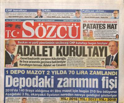 Sözcü Gazetesi 3 Şubat 2018 - CHPnin Kurultay Teması Adalet Ve Cesaret,Kongre Amaçlı Tezahürat Yok Çubukluya Destek Var GZ95054 - 1