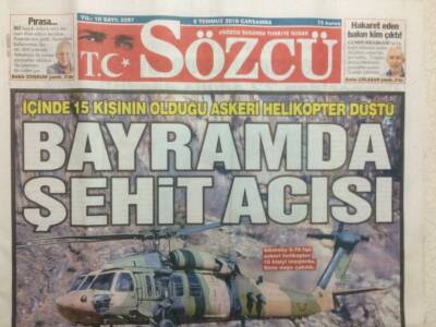 Sözcü Gazetesi 6 Temmuz 2016 - İçinde 15 Kişinin Olduğu Askeri Helikopter Düştü GZ29825 - 1