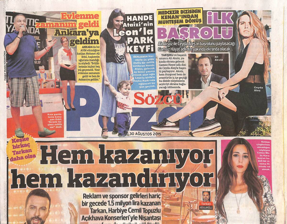 Sözcü Gazetesi Pazar Eki 30 Ağustos 2015 - Hem Kazanıyor Hem Kazandırıyor - Hande Ataizi' nin Leon'la Park Keyfi GZ135305 - 1