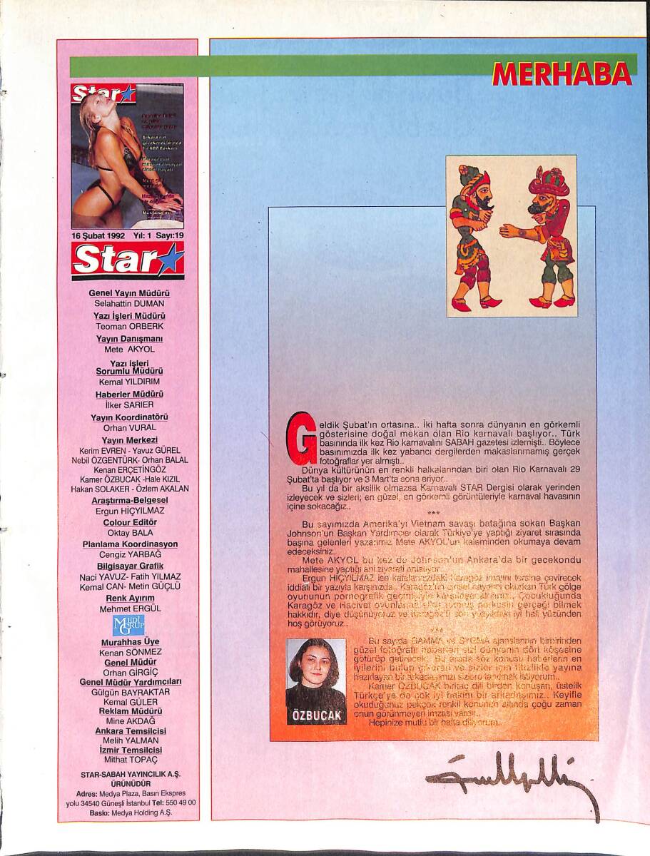 Star Dergisi 16 Şubat 1992 Sayı:19 - Nicaise Jean -Başkan Johnson - Hacivat Ve Karagöz NDR87845 - 1