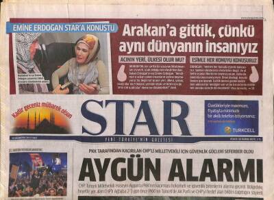 Star Gazetesi 14 Ağustos 201 -Çalınan 400 Yıllık Mavi Çini Türkiyede- PKK Tarafından Kaçırılan CHPli Milletvekili İçin Güvenlik Güçleri Seferber Oldu GZ96035 - 1
