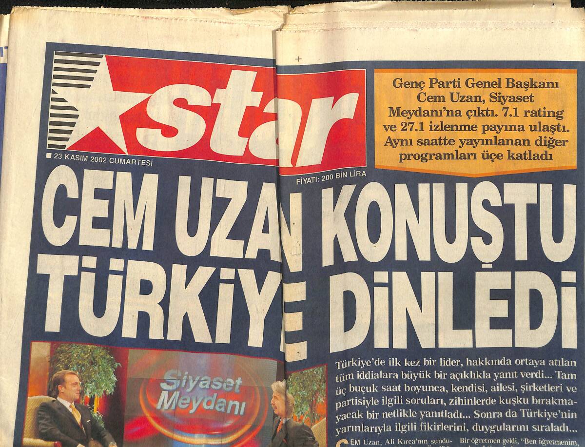 Star Gazetesi 23 Kasım 2002 - Cem Uzan Konuştu Türkiye Dinledi - Fatih Terim'in Kamp İsyanı GZ150624 - 1