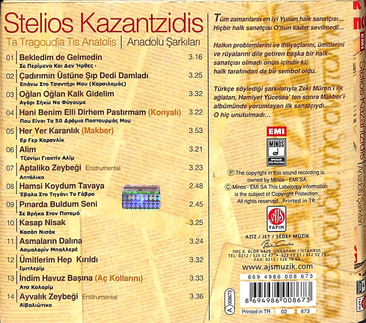Stelios Kazantzidis'den Gecikmiş Türkçe bir Merhaba! CD (İkinci El) CD5640 - 2