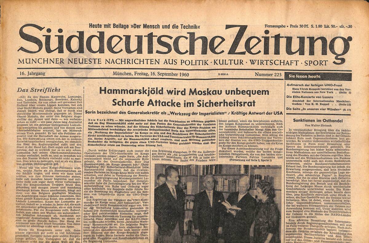 Süddeutsche Zeitunç 16 September 1960 - Hammarskjöld Wird Moskau Unbequem Sacharfe Attacke İm Sicherheitsrat GZ141870 - 1