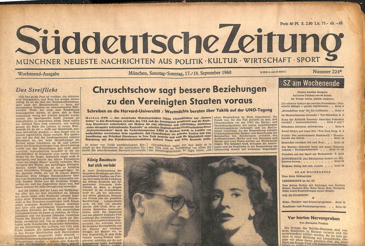 Süddeutsche Zeitunç 18 September 1960 - Chruschtschow Sagt Bessere Beziehungen Zu Den Vereinigten Staaten Voraus GZ141869 - 1