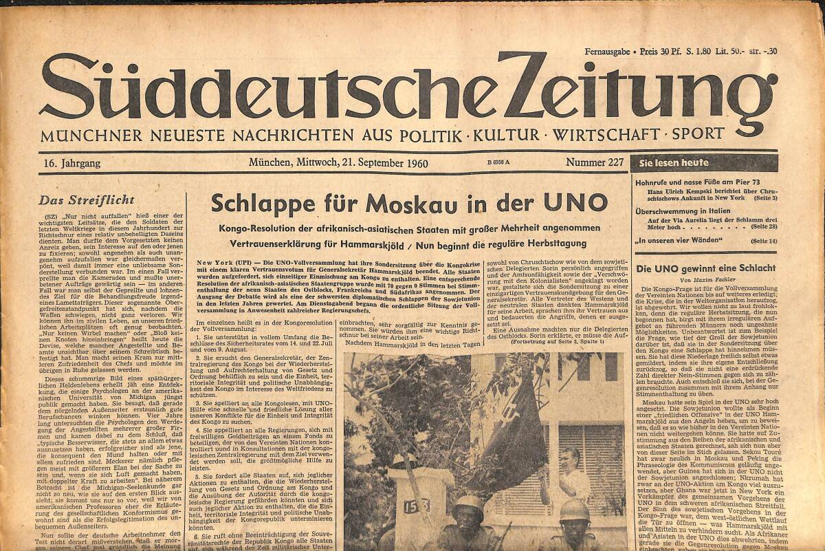 Süddeutsche Zeitunç 21 September 1960 - Schlappe Für Moskau İn Der UNO GZ141868 - 1