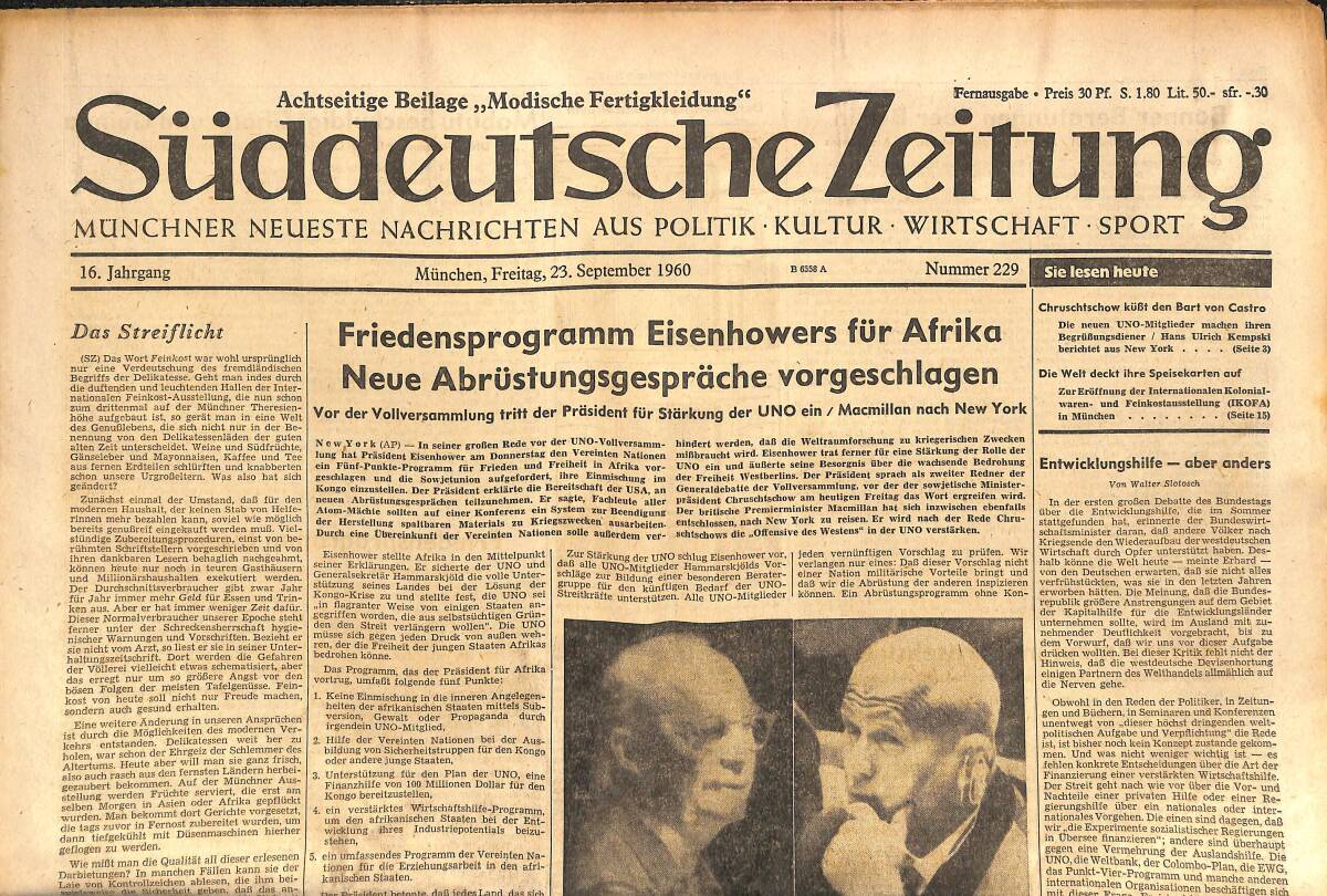Süddeutsche Zeitunç 23 September 1960 - Friedensprogramm Eisenhowers Für Afrika Neue Abrüstungsgesprache Vorgeschlagen GZ141871 - 1