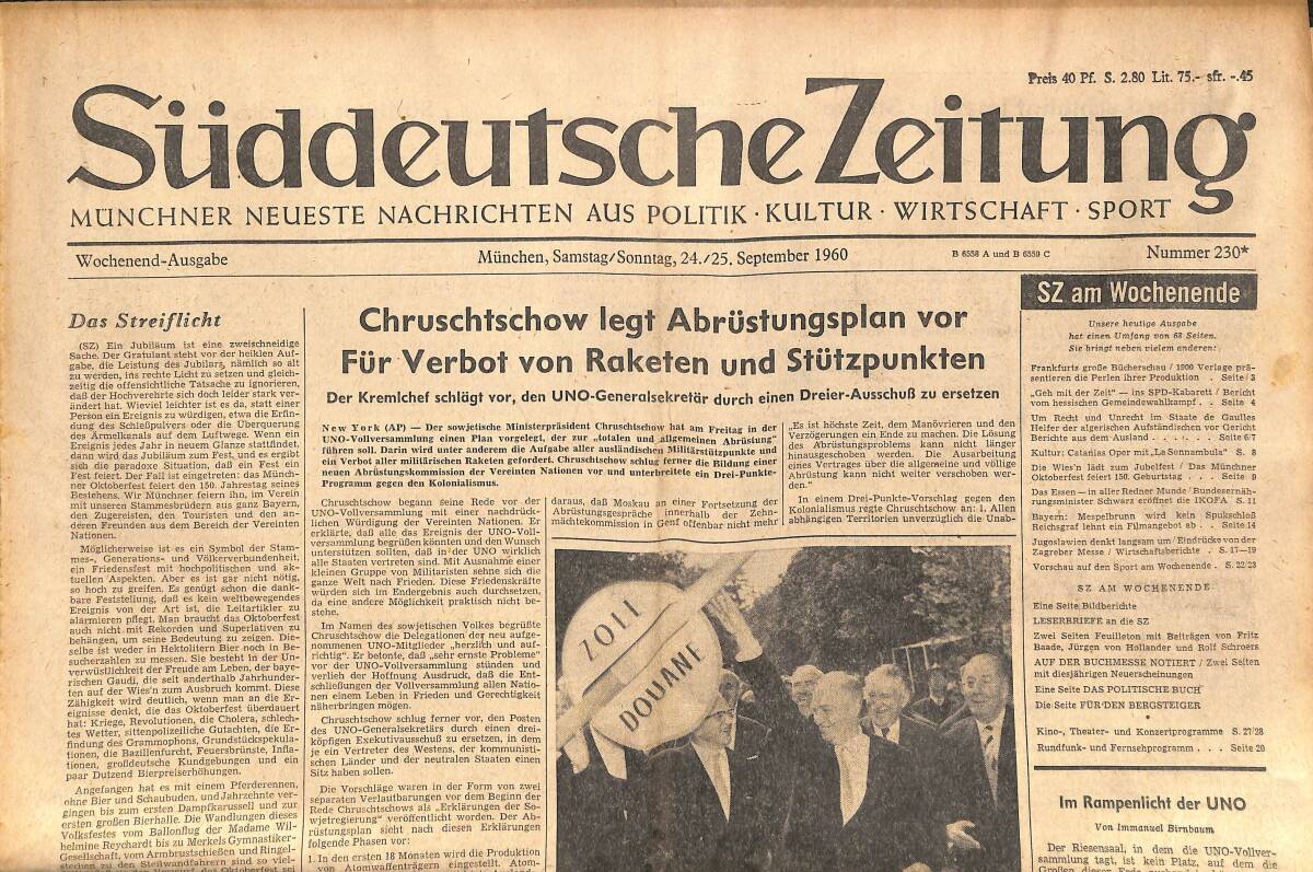 Süddeutsche Zeitunç 25 September 1960 Chruschtschow Legt Abrüstungsplan Vor Für Verbot Von Raketen Und Stützpunkten GZ141867 - 1