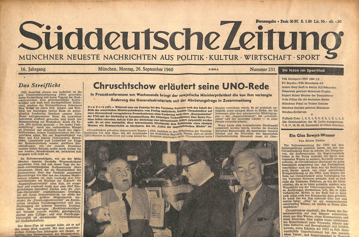 Süddeutsche Zeitunç 26 September 1960 - Chruschtschow Erlautert Seine UNO- Rede GZ141872 - 1