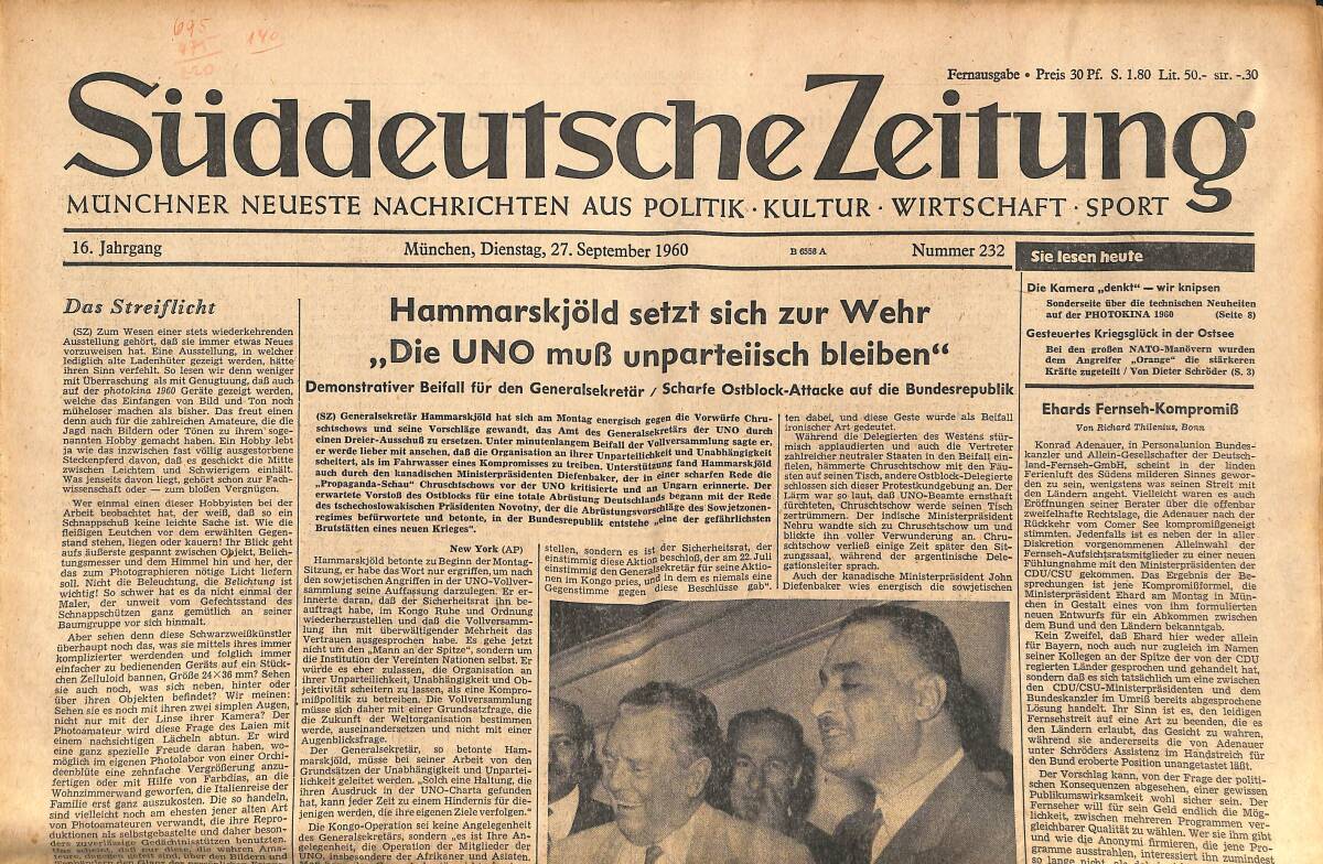 Süddeutsche Zeitunç 27 September 1960 - Hammarskjöld Setzt Sich Zur Wehr Die UNO Mub Unparteiisch Bleiben GZ141866 - 1
