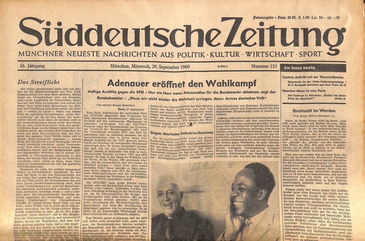 Süddeutsche Zeitunç 28 September 1960 - Adenauer Eröffnet Den Wahlkampf GZ141873 - 1