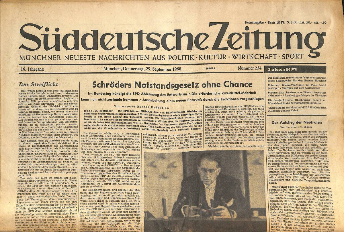 Süddeutsche Zeitunç 29 September 1960 - Schröders Notstandsgesetz Ohne Chance GZ141629 - 1