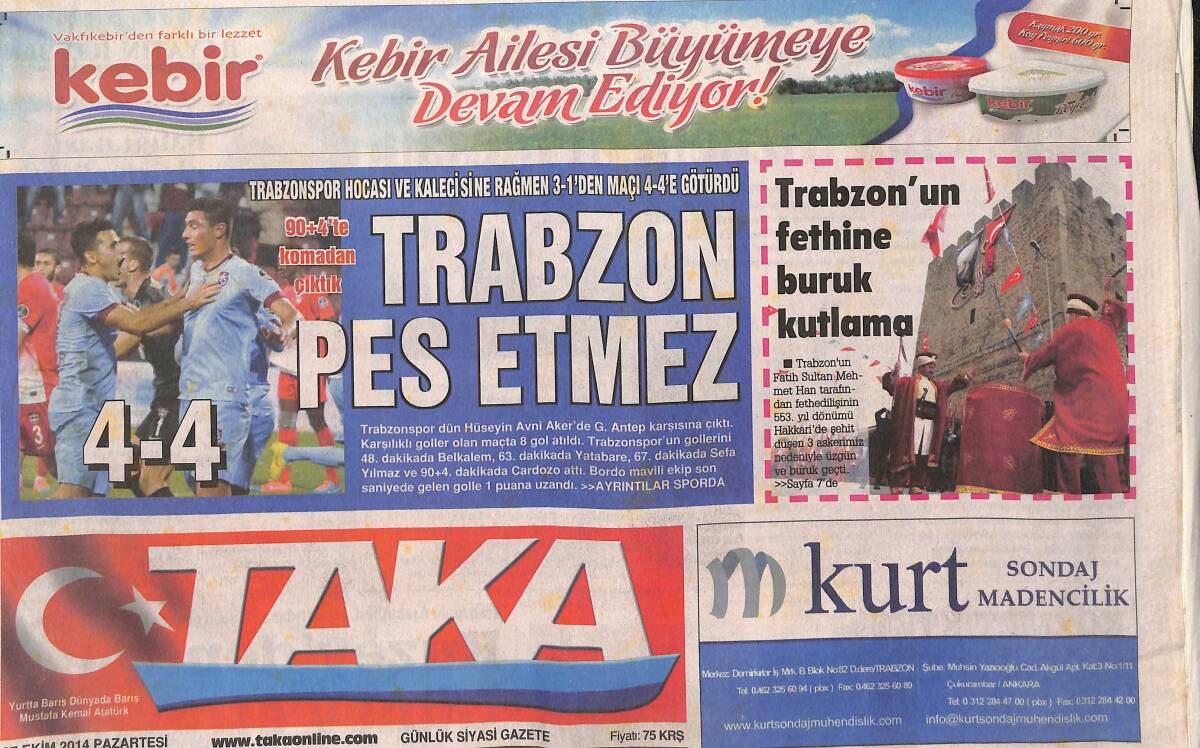Taka Gazetesi 27 Ekim 2014 - Trabzon'un Fethine Buruk Kutlama - Sinan Yılmaz 'Finalleri Kolbastıyla Yaparım' GZ136256 - 1