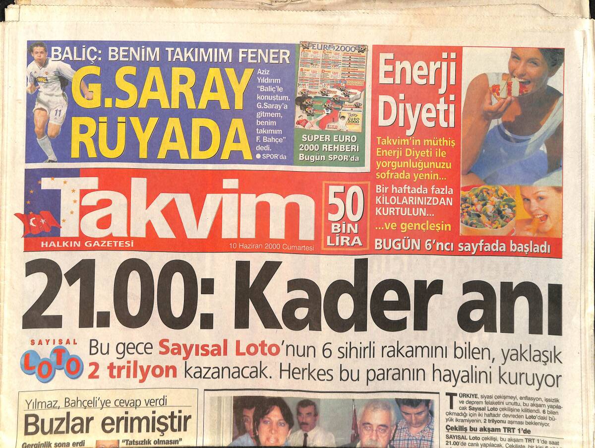 Takvim Gazetesi 10 Haziran 2000 - Levent Kırca Ve Oya Başar Tek Celsede Boşandı - Sergen'i Görecekler GZ2529 - 1