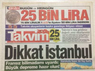Takvim Gazetesi 11 Eylül 1999 - Fransız Bilim Adamları İstanbulu Uyardı,Depreme Hazır Oldu GZ51976 - 1