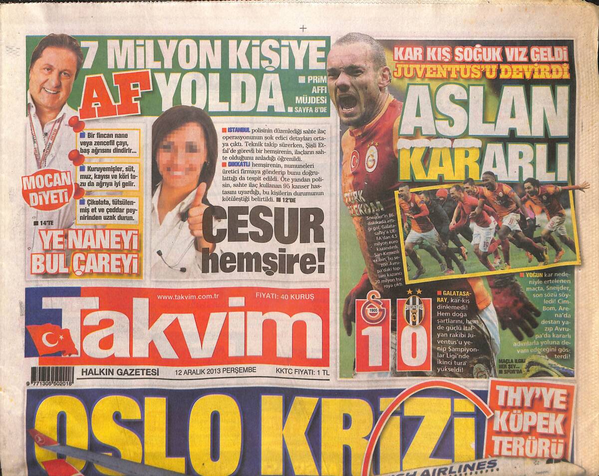 Takvim Gazetesi 12 Aralık 2013 - THY'DE Köpek Terörü - Sneijder Juventus'u Devirdi - Messi'ye Zam Olmayacak! GZ136885 - 1