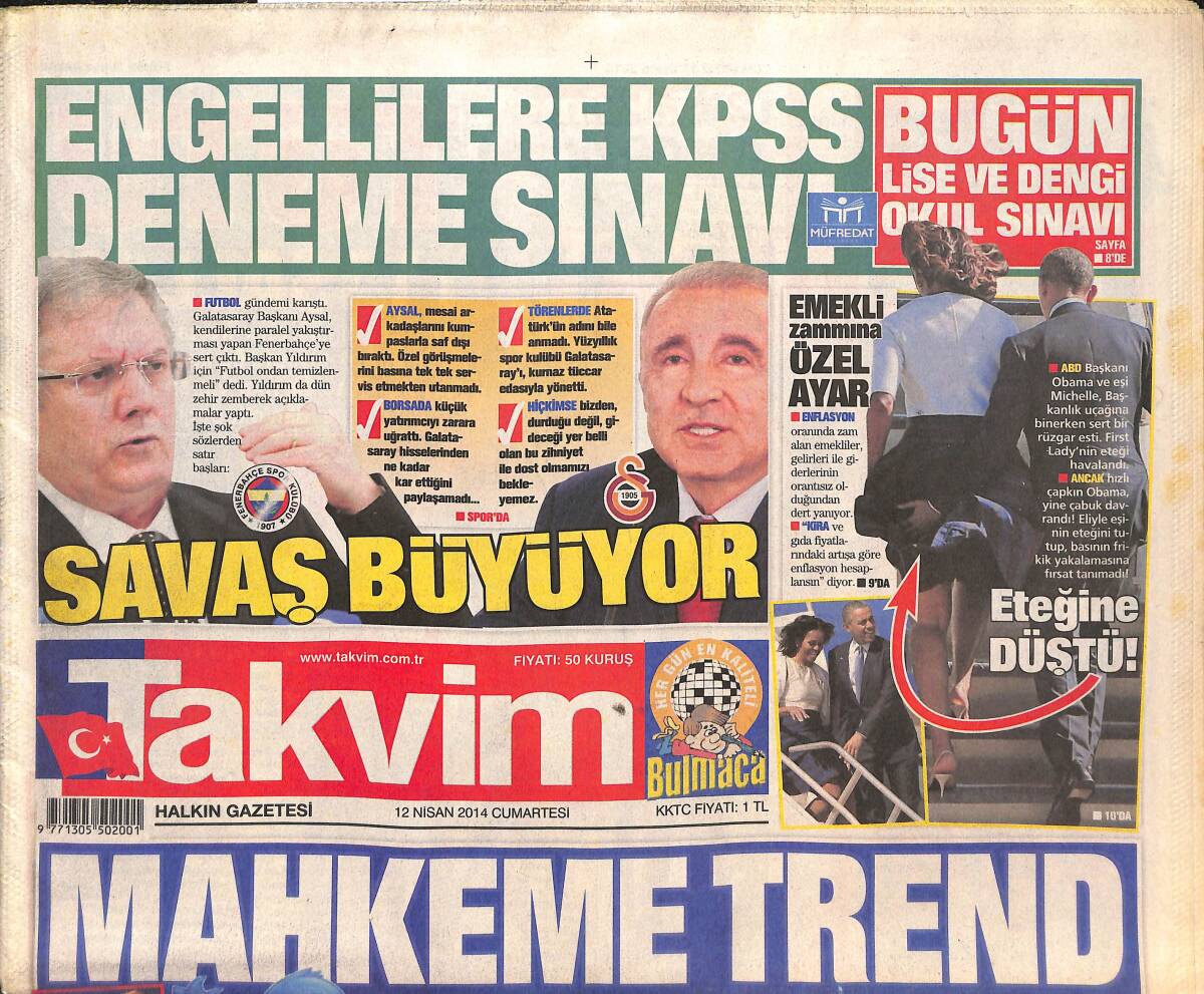 Takvim Gazetesi 12 Nisan 2014 - Beşiktaş'a Konya'da Darbe - Engellilere KPSS Deneme Sınavı GZ135089 - 1