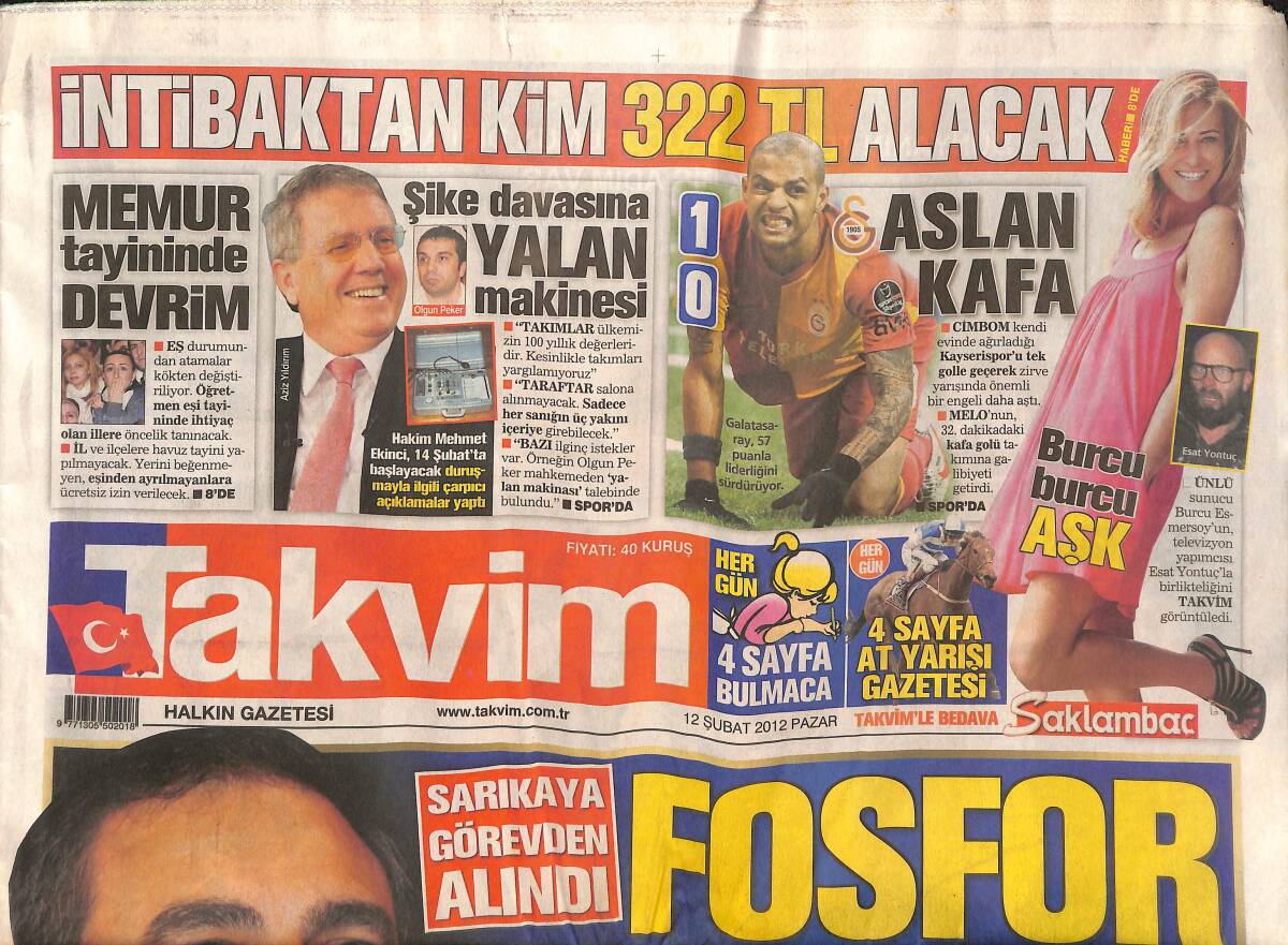 Takvim Gazetesi 12 Şubat 2012 - Şike Davasına Yalan Makinesi - Memur Tayininde Devrim - Anonymus CİA'yı Vurdu GZ137772 - 1