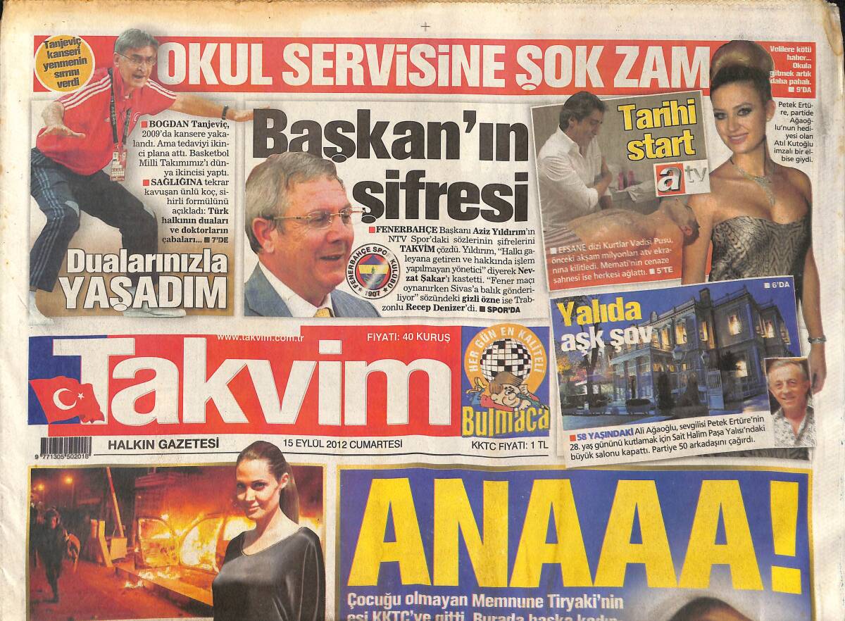 Takvim Gazetesi 15 Eylül 2012 - Aziz Yıldırım'ın Şifresi - Kurtlar Vadisi Tarihi Start Verdi! - Aziz Yıldırım: Alex İyi Bir Oyuncu Fakat Efsane Değil GZ136872 - 1