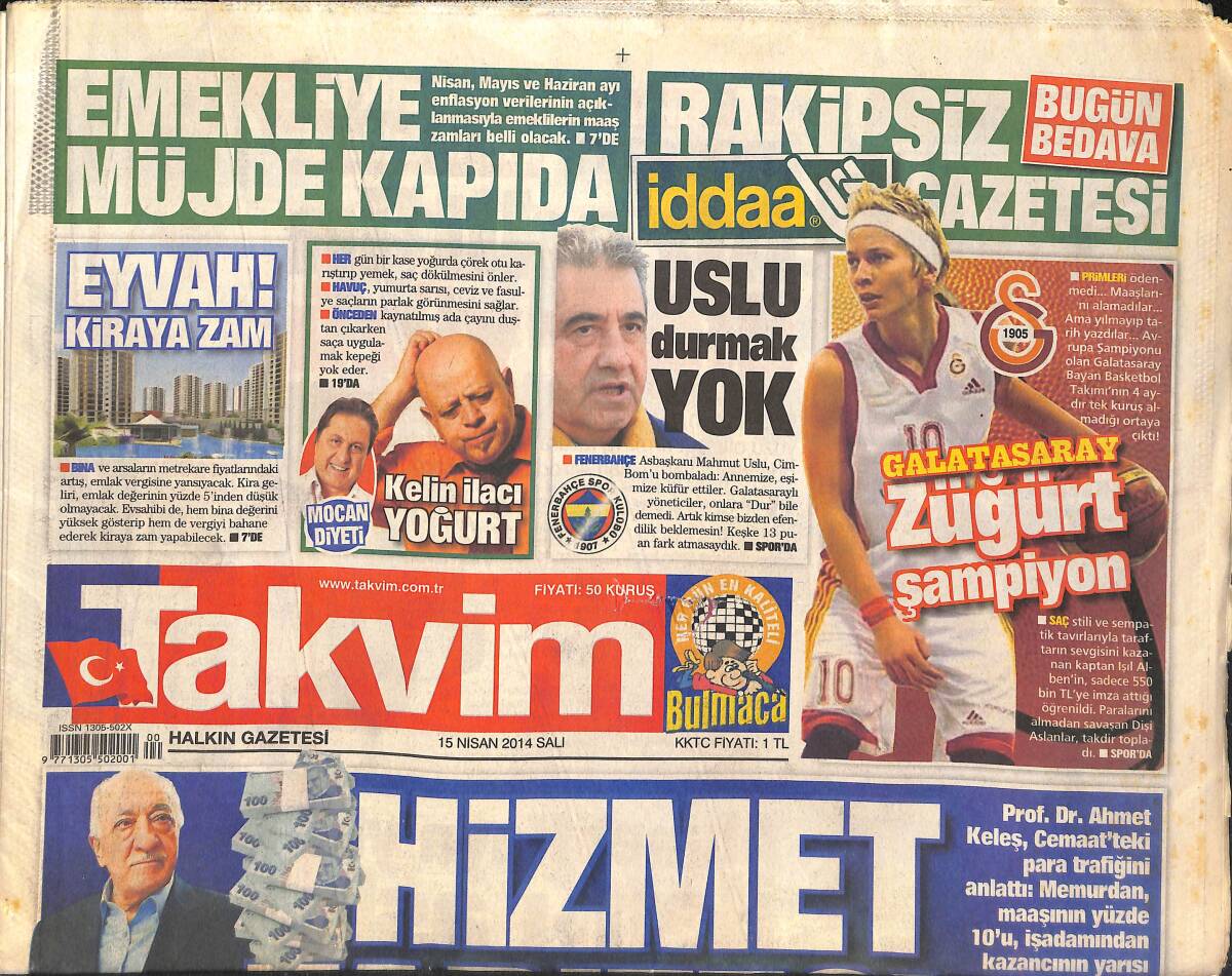 Takvim Gazetesi 15 Nisan 2014 - Kıvanç Tatlıtuğ'dan Ahmet Kaya'yla İlan-ı Aşk - Emekliye Müjde Kapıda - Fener'in Çılgın Planı GZ136168 - 1