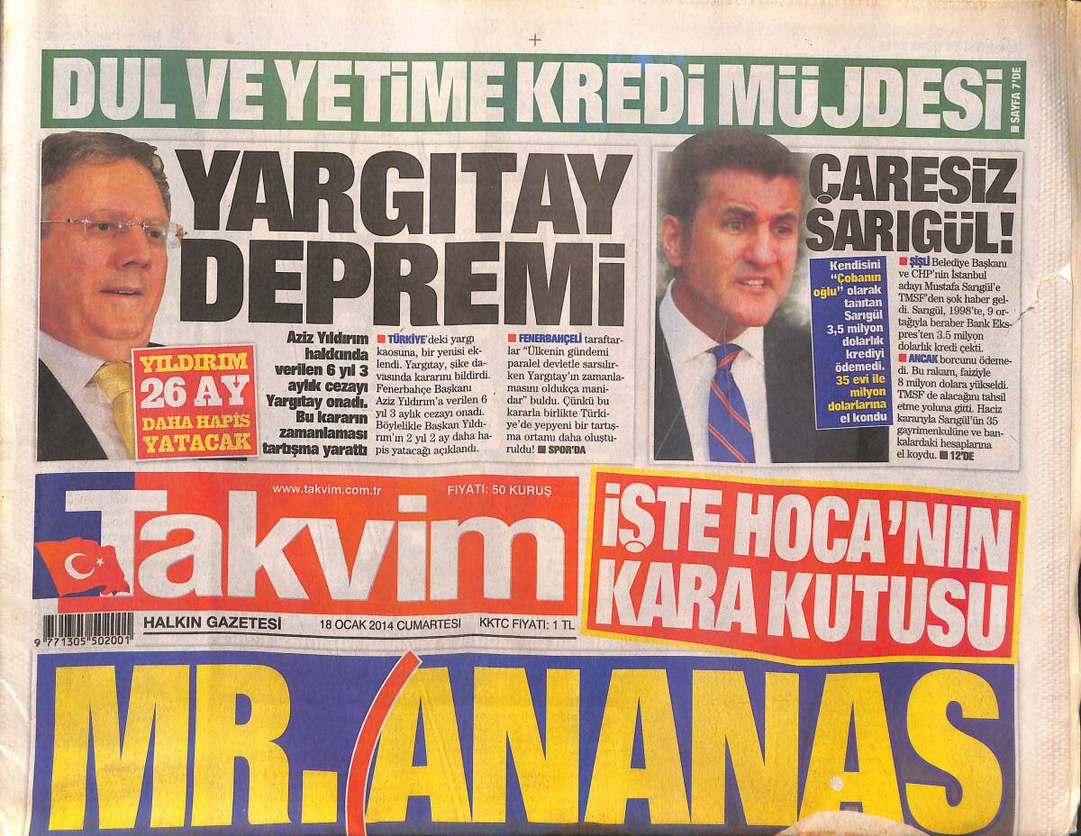 Takvim Gazetesi 18 Ocak 2014 - Aziz Yıldırım 26 Ay Daha Hapis Yatacak - Duygusal Adam Cristiano Ronaldo GZ136173 - 1