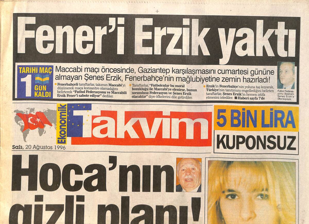 Takvim Gazetesi 20 Ağustos 1996 - Hoca'nın Gizli Planı - Ebru Şallı Ateş Püskürdü - Hülya Hagi'nin Peşine Düştü GZ3816 - 1