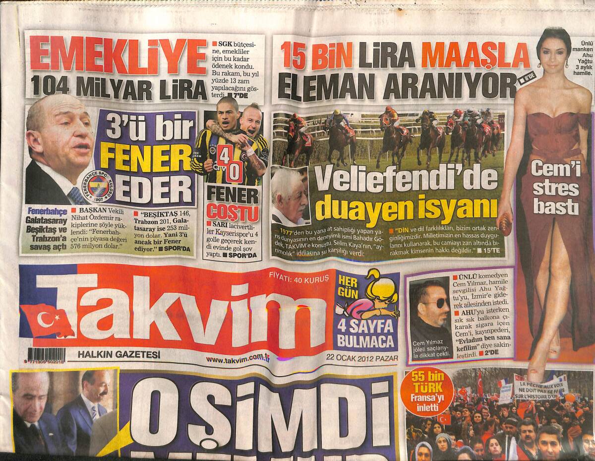 Takvim Gazetesi 22 Ocak 2012 - Ahu Yağtu 3 Aylık Hamile Cem Yılmaz'ı Stres Bastı - Türk'ün Yüz Akı - Paris'i Fethettik GZ137773 - 1