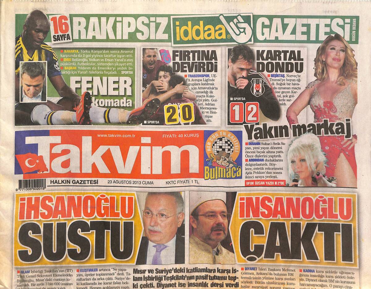 Takvim Gazetesi 23 Ağustos 2013 - Elmander'den Teşekkür ! - Fenerbahçe Komada - Beşiktaş Dondu GZ135083 - 1