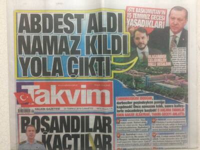 Takvim Gazetesi 23 Temmuz 2016 - Cumhurbaşkanı Darbe Akşamı Abdest Aldı Namaz Kıldı Yola Çıktı 15 Temmuz Gecesi Yaşadıkları GZ29201 - 1