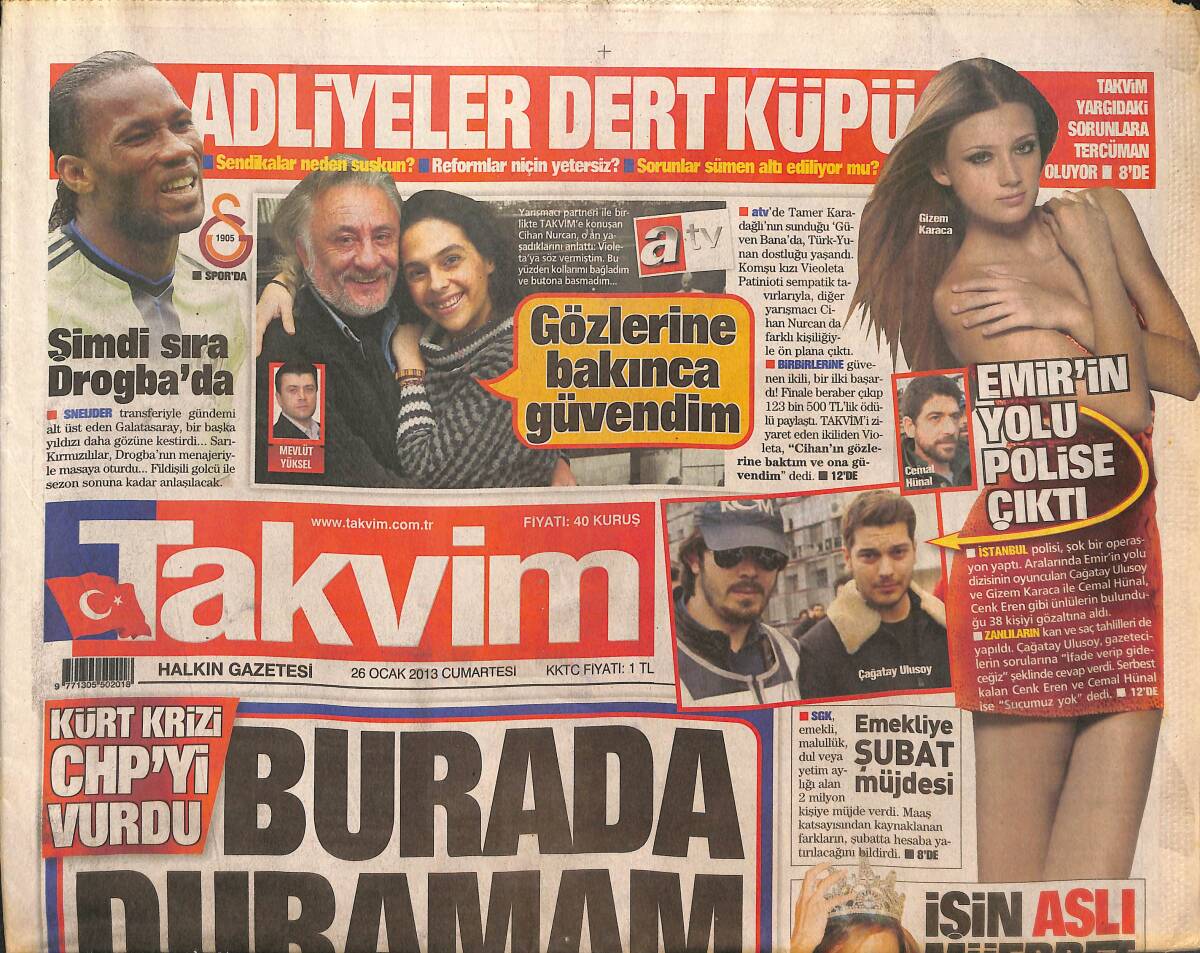 Takvim Gazetesi 26 Ocak 2013 - Çağatay Ulusoy Ve Gizem Karaca Gözaltına Alındı - Sneijder Formayı Kaptı! GZ136884 - 1