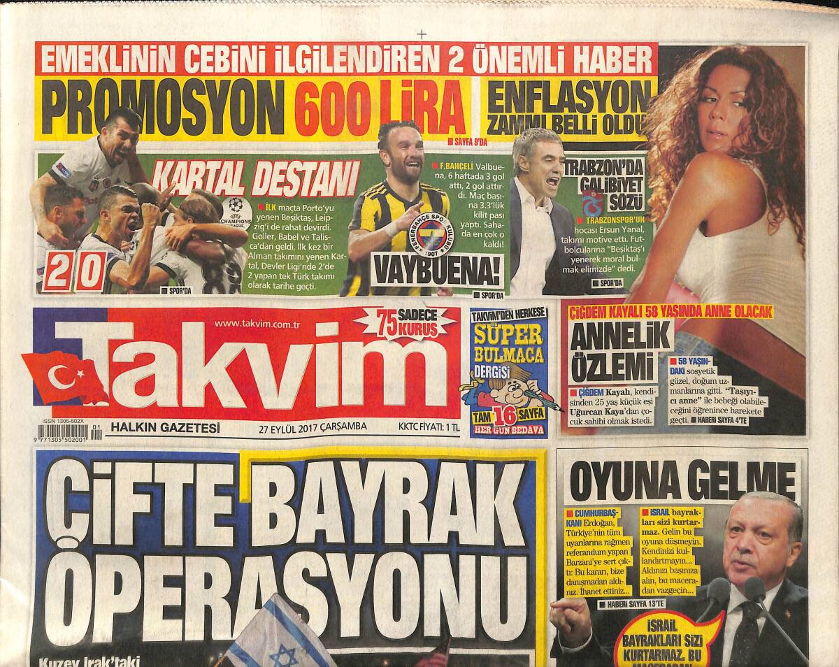 Takvim Gazetesi 27 Eylül 2017 - Kartal Avrupa'da Destan Yazıyor - Megastar Tarkan Evlendikten Sonra 8 Kilo Aldı GZ154330 - 1