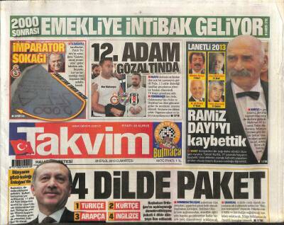 Takvim Gazetesi 28 Eylül 2013 - Tuncel Kurtizi Kaybettik GZ107739 - 1