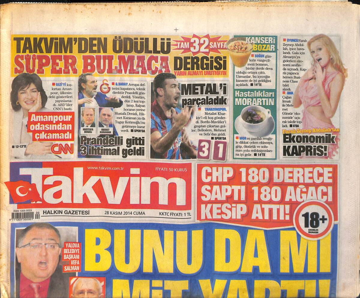 Takvim Gazetesi 28 Kasım 2014 - Burcu Esmersoy Işık Oldu - Aziz Yıldırım'dan Olay Sorular GZ154860 - 1