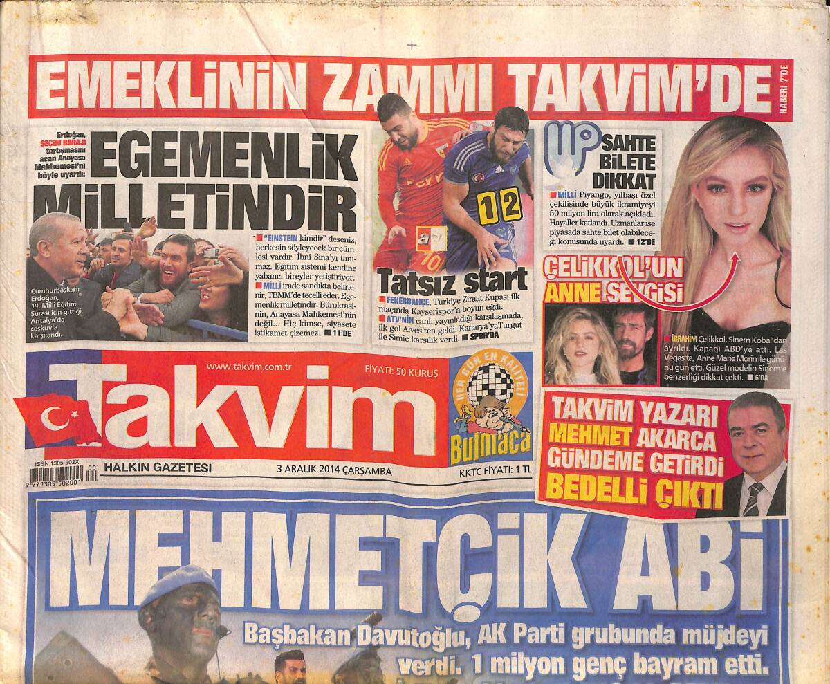 Takvim Gazetesi 3 Aralık 2014 - Mehmet Ali Erbil, 19 Yaşındaki Kızının Seksi Pozunu Paylaşınca Pes Dedirtti - Sneijder Ve Hamzaoğlu Arasında Buzlar GZ154862 - 1
