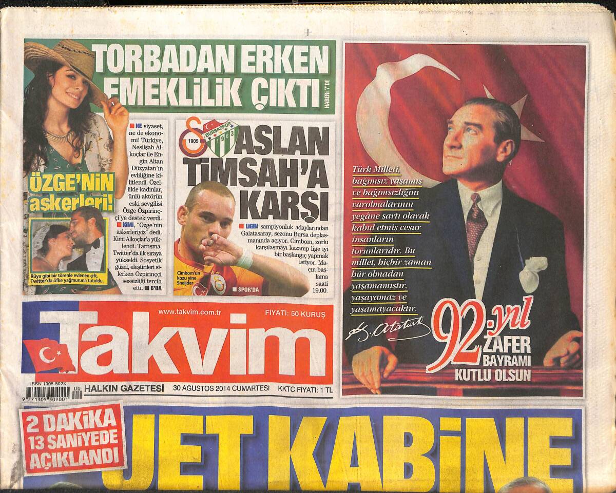 Takvim Gazetesi 30 Ağustos 2014 - Galatasaray Bursa'ya Karşı - Özge Özpirinçci'nin Askerleri GZ135090 - 1