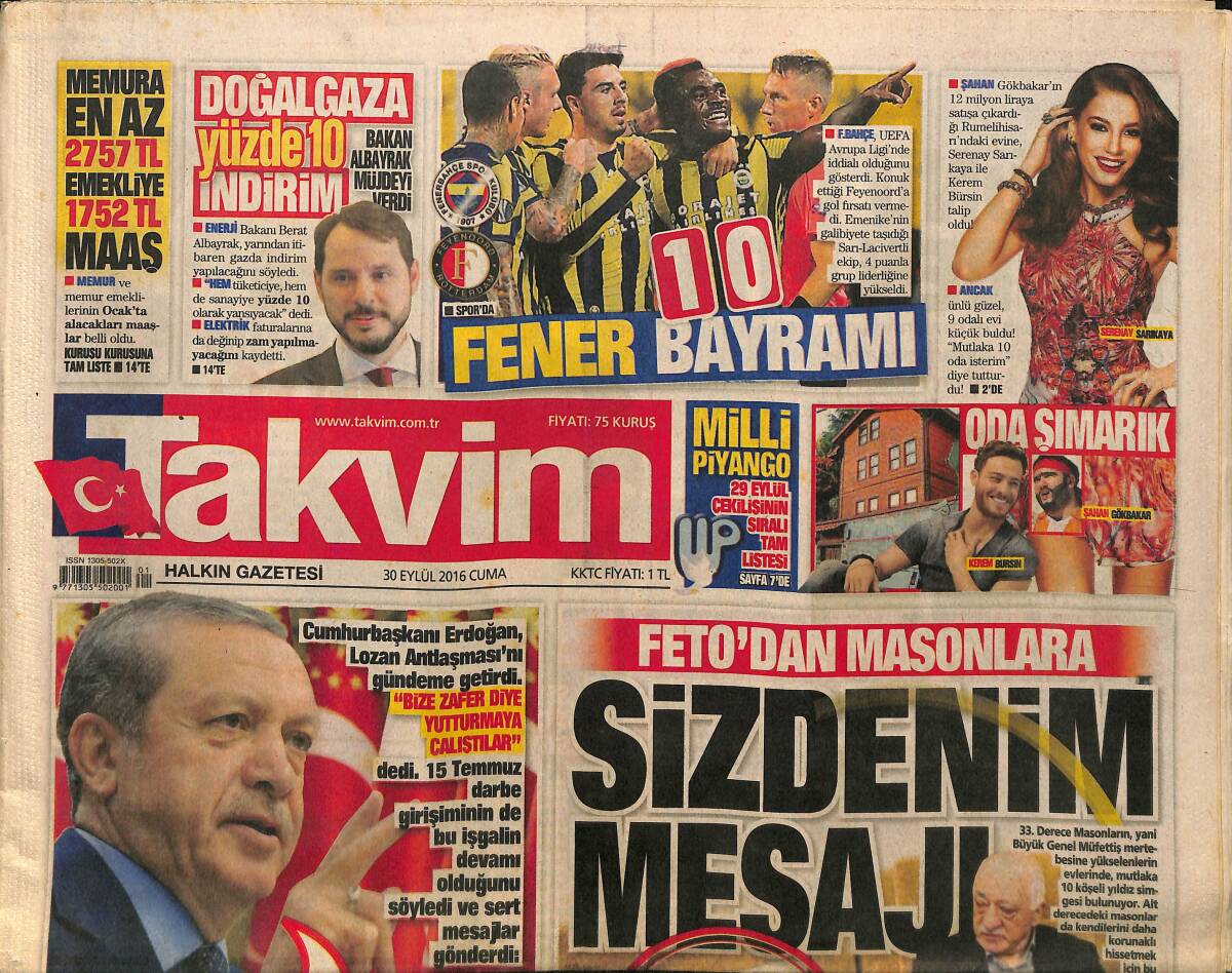 Takvim Gazetesi 30 Eylül 2016 - Cumhurbaşkanı Erdoğan, Lozan Antlaşması'nı Gündeme Getirdi - Fener Avrupa'da Galip GZ154331 - 1
