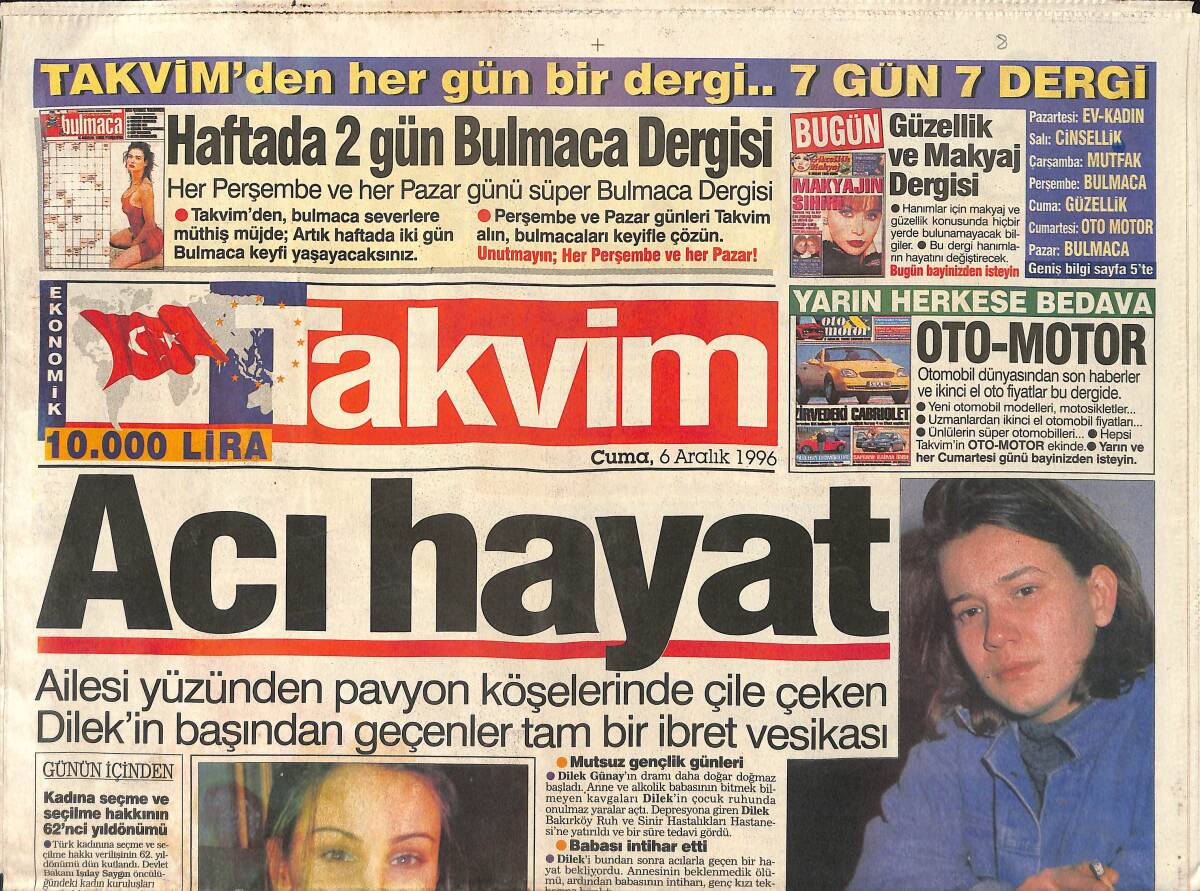 Takvim Gazetesi 6 Aralık 1996 - 500 Milyarlık Zümrüt Kolyeyi Arzum Onat Tanıttı - Kemal Yazıcıoğlu Görevden Alındı GZ2456 - 1