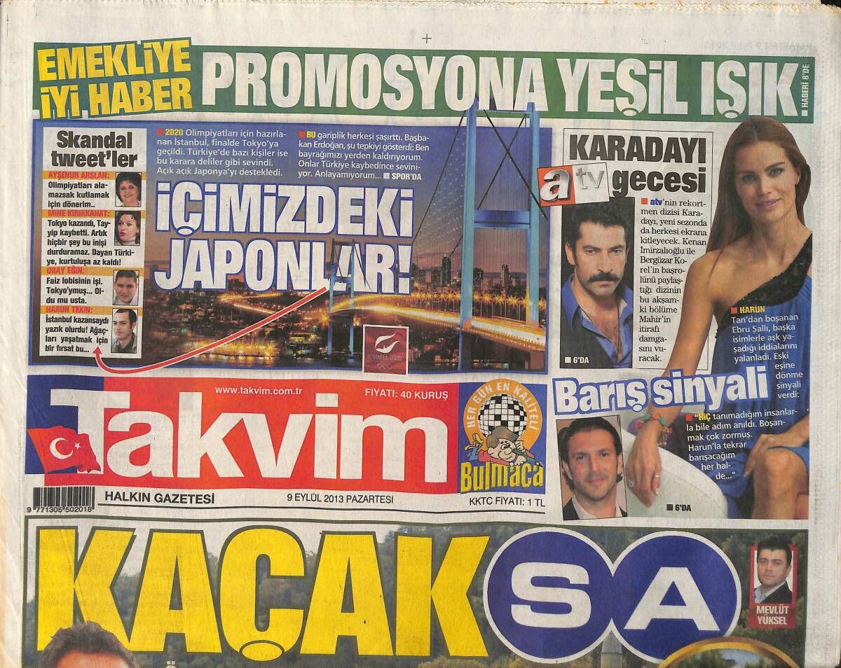 Takvim Gazetesi 9 Eylül 2013 - Ebru Şallı İlişki İddialarını Yalanladı - Sıla Tükendi - Sabancılar Kaçak İskele Yaptı GZ154861 - 1