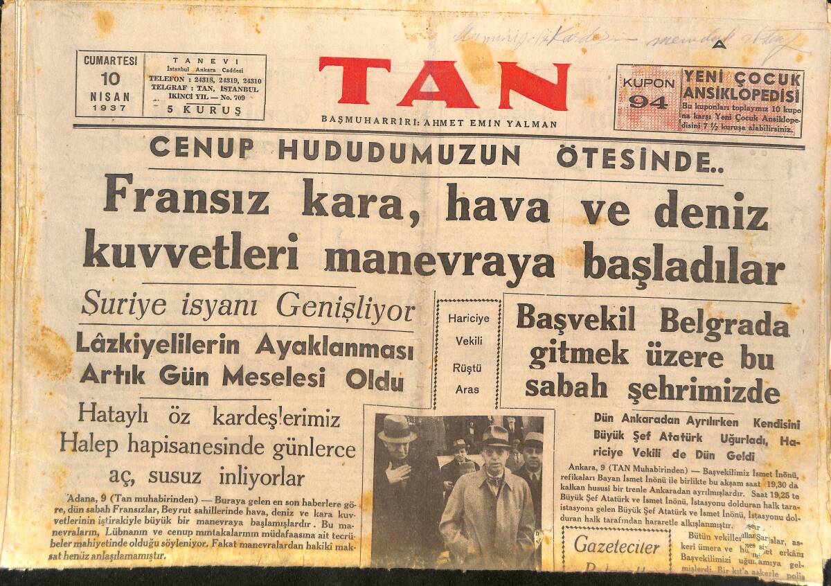 Tan Gazetesi 10 Nisan 1937 - Koca Sinan İhtifali - Harp Hazırlıkları Karşısında Akdeniz Haritası - Suriye İsyanı Genişliyor GZ146571 - 1