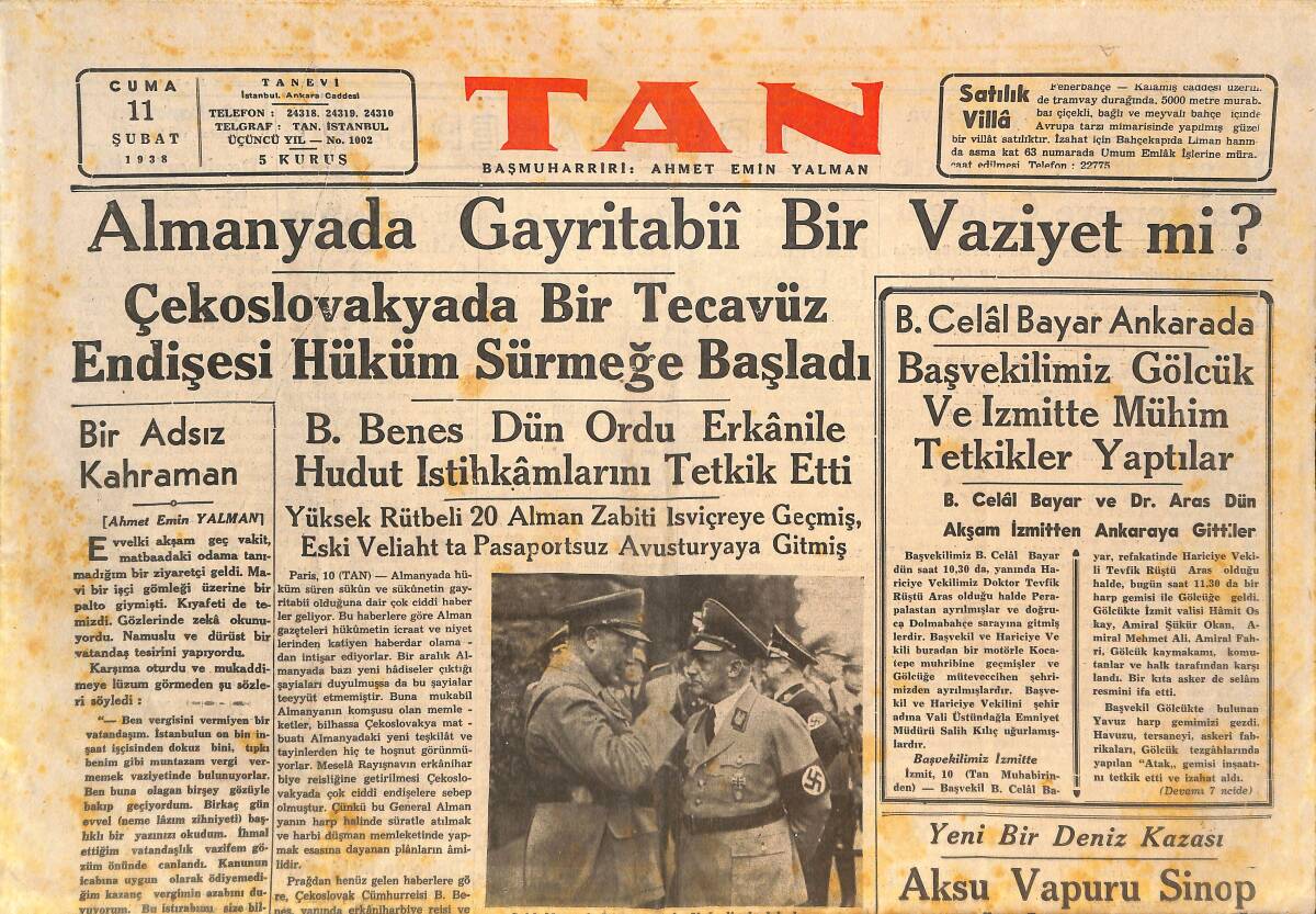 Tan Gazetesi 11 Şubat 1938 - Recai Nüzhet Dünde Mahkemeye Gelmedi - Almanya'da Gayritabii Bir Vaziyet Mi? GZ146500 - 1