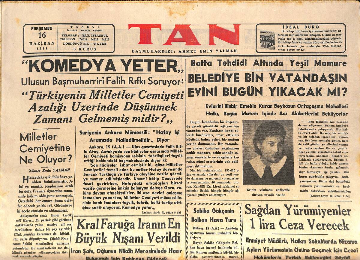 Tan Gazetesi 16 Haziran 1938 - Kral Faruk'a İran'ın En Büyük Nişanı Verildi - Sabiha Gökçen'in Balkan Hava Turu GZ146590 - 1
