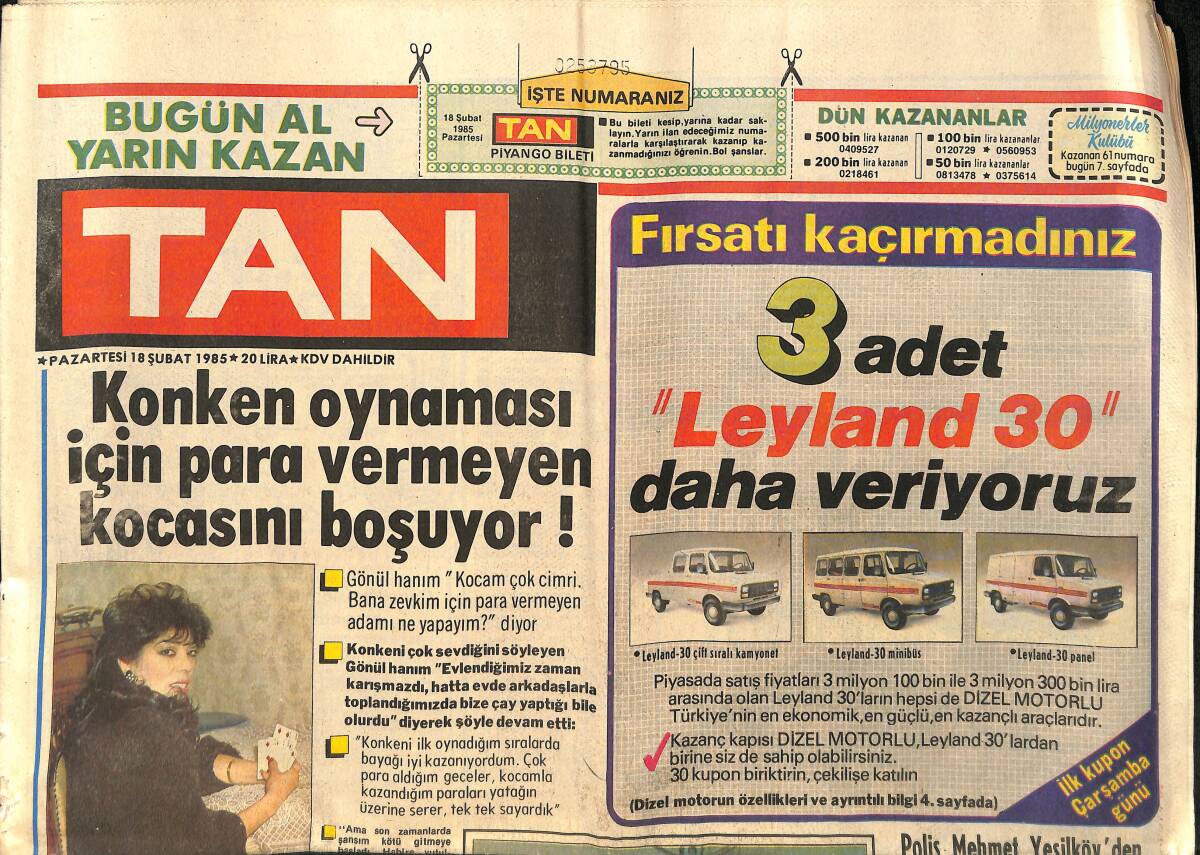 Tan Gazetesi 18 Şubat 1985 - Ünlülerin Hepsi Hasta * Zeki Müren-Türkân Şoray-Emel Sayın GZ155330 - 1