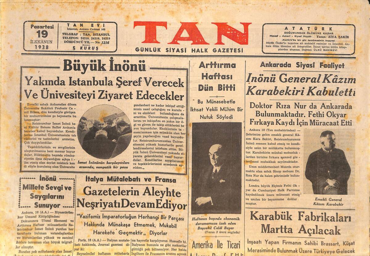 Tan Gazetesi 19 Aralık 1938 - İnönü General Kazım Karabekiri Kabul Etti - Gazetelerin Aleyhte Neşriyatı Devam Ediyor! GZ146498 - 1
