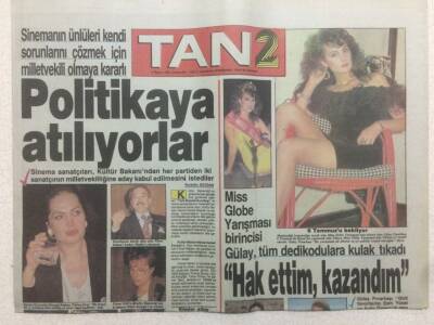 Tan Gazetesi 2 Eki 9 Mayıs 1990 - Ünlüler Politikaya Atılıyor Türkan Şoray, Hülya Koçyiğit, Kadir İnanır... GZ51892 - 1