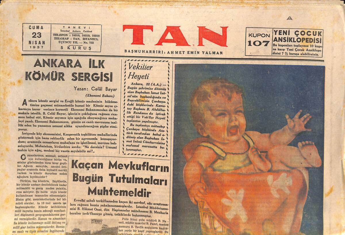 Tan Gazetesi 23 Nisan 1937 - Hatay'da Bombalar Patladı - İsmet İnönü'nün Yugoslavya'da Söylediği Son Nutuk - 23 Nisan'da Çocuklar GZ146572 - 1