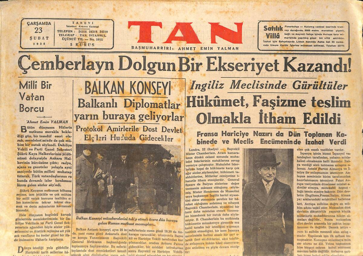 Tan Gazetesi 23 Şubat 1938 - Macaristan'da Naziler Partisi İlga Edildi - Balkanlı Diplomatlar Yarın Geliyorlar, Balkan Konseyi GZ146634 - 1