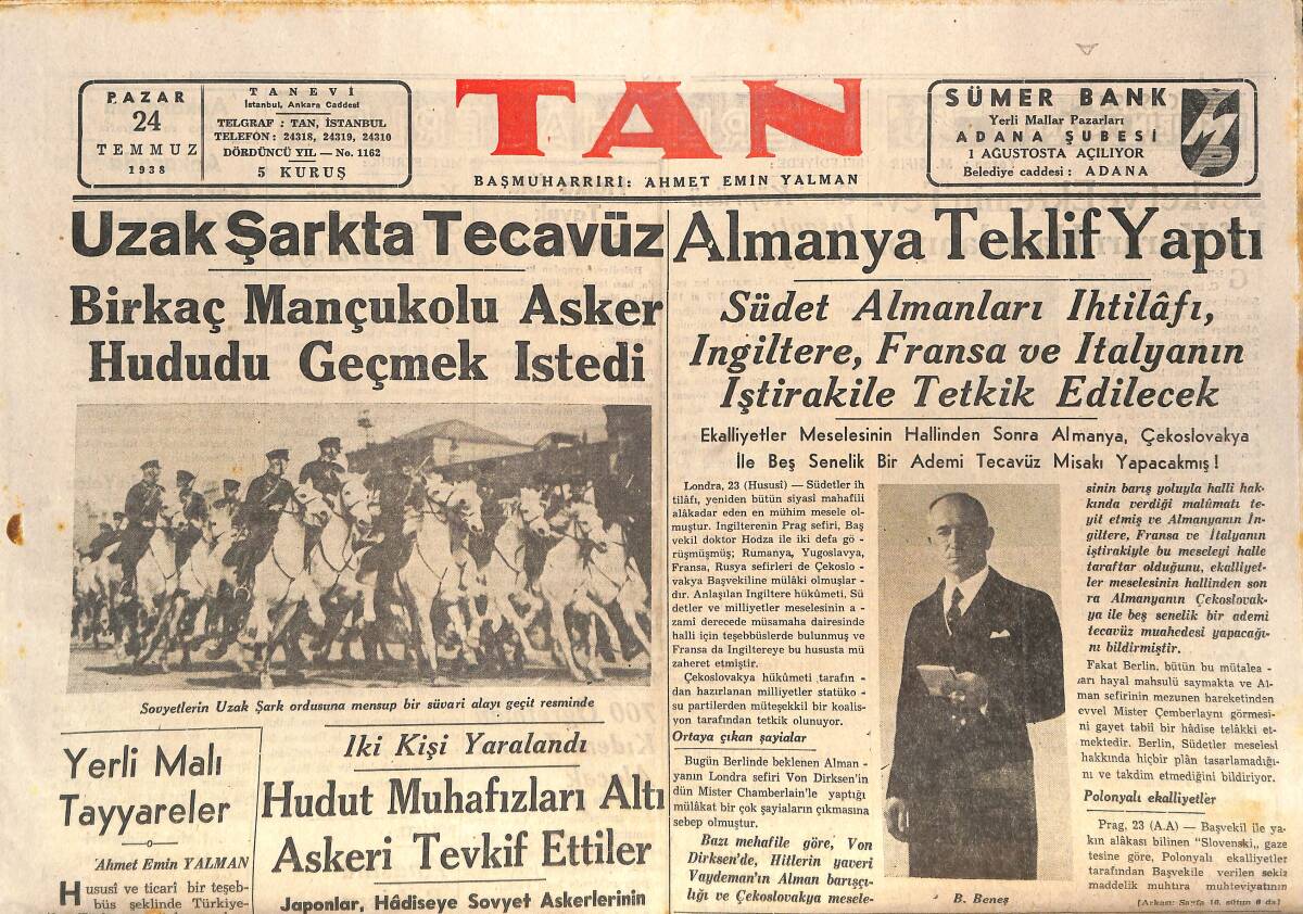 Tan Gazetesi 24 Temmuz 1938 - Romanya'nın Büyük Matemi Kraliçe Mari'nin Defin Töreni - İtalya'da Yahudi Düşmanlığı GZ146591 - 1