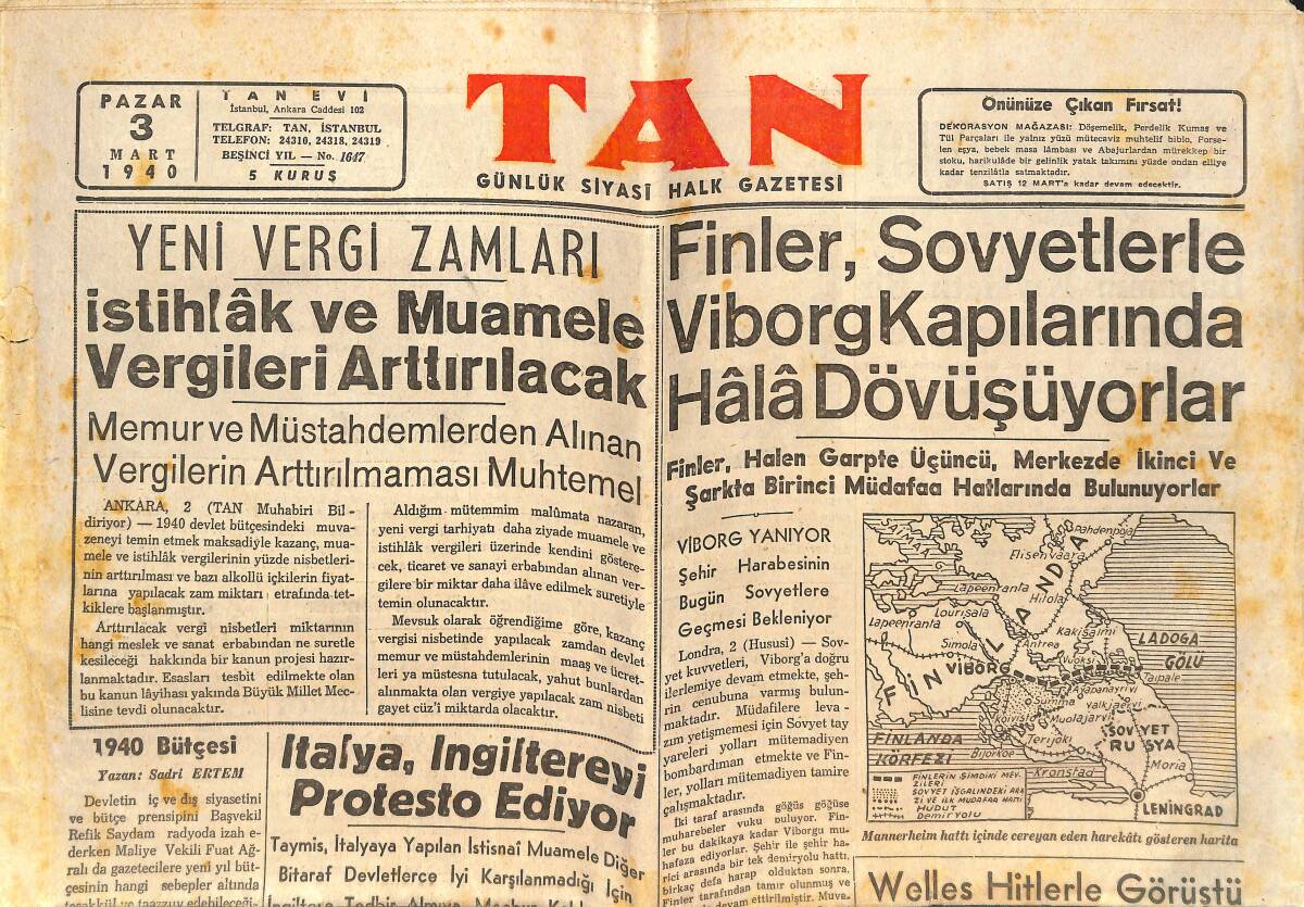 Tan Gazetesi 3 Mart 1940 - Finler , Sovyetlerle Viborg Kapılarında Hala Dövüşüyorlar - Balkan Güreşleri Dün Başladı GZ142417 - 1